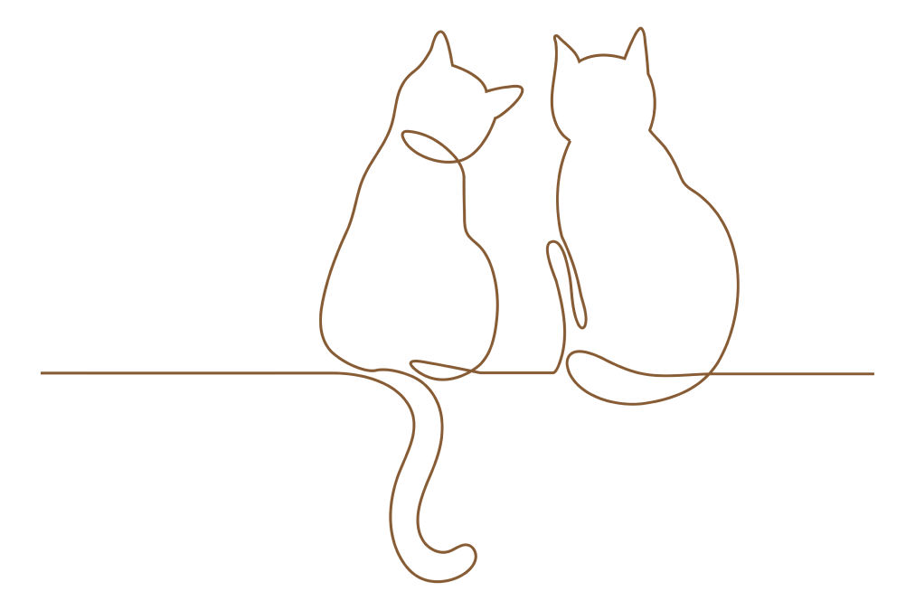 Brown outlined illustration of two cats sitting and hugging each other.