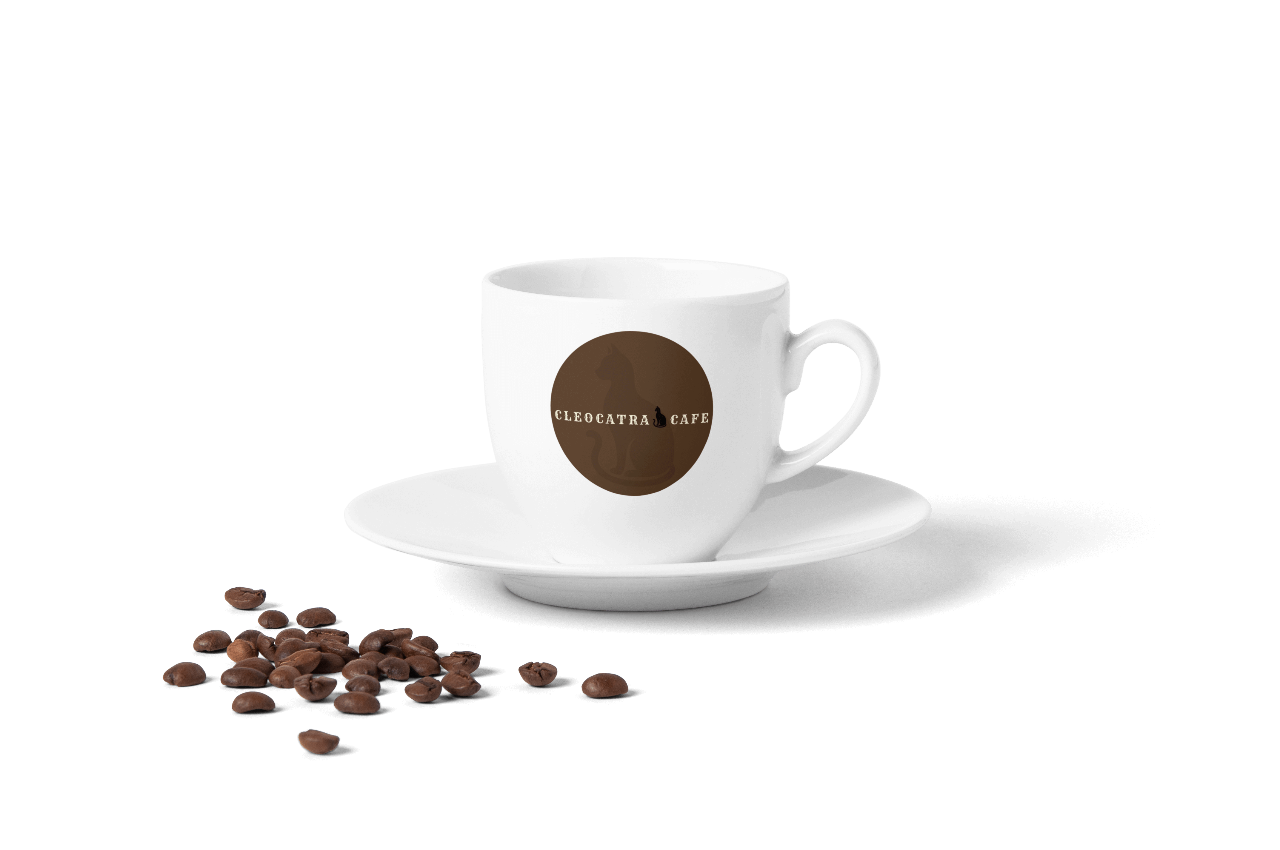 A white colour coffee cup with a a Cleocatra Cafe logo on the front side.