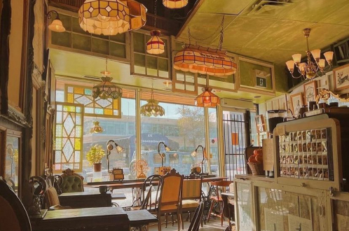 A sunlit Cleocatra cafe interior with vintage furniture, stained glass pendant lights, and large windows overlooking a street