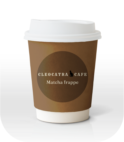 A coffee cup with a Cleocatra Cafe logo and brown colour mango frappe label on it.