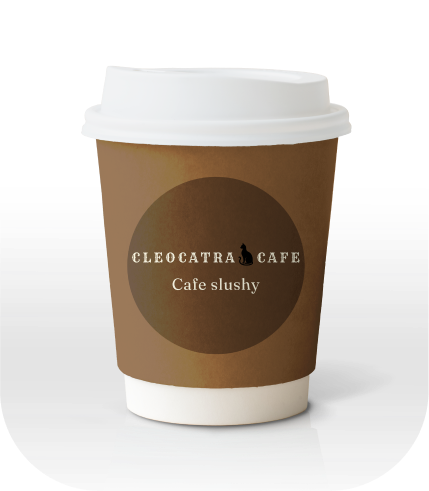 A coffee cup with a Cleocatra Cafe logo and brown colour cat slushy label on it.