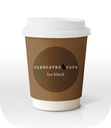 A coffee cup with a Cleocatra Cafe logo and brown colour ice black label on it.