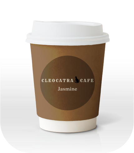 A coffee cup with a Cleocatra Cafe logo and brown colour jasmine label on it.