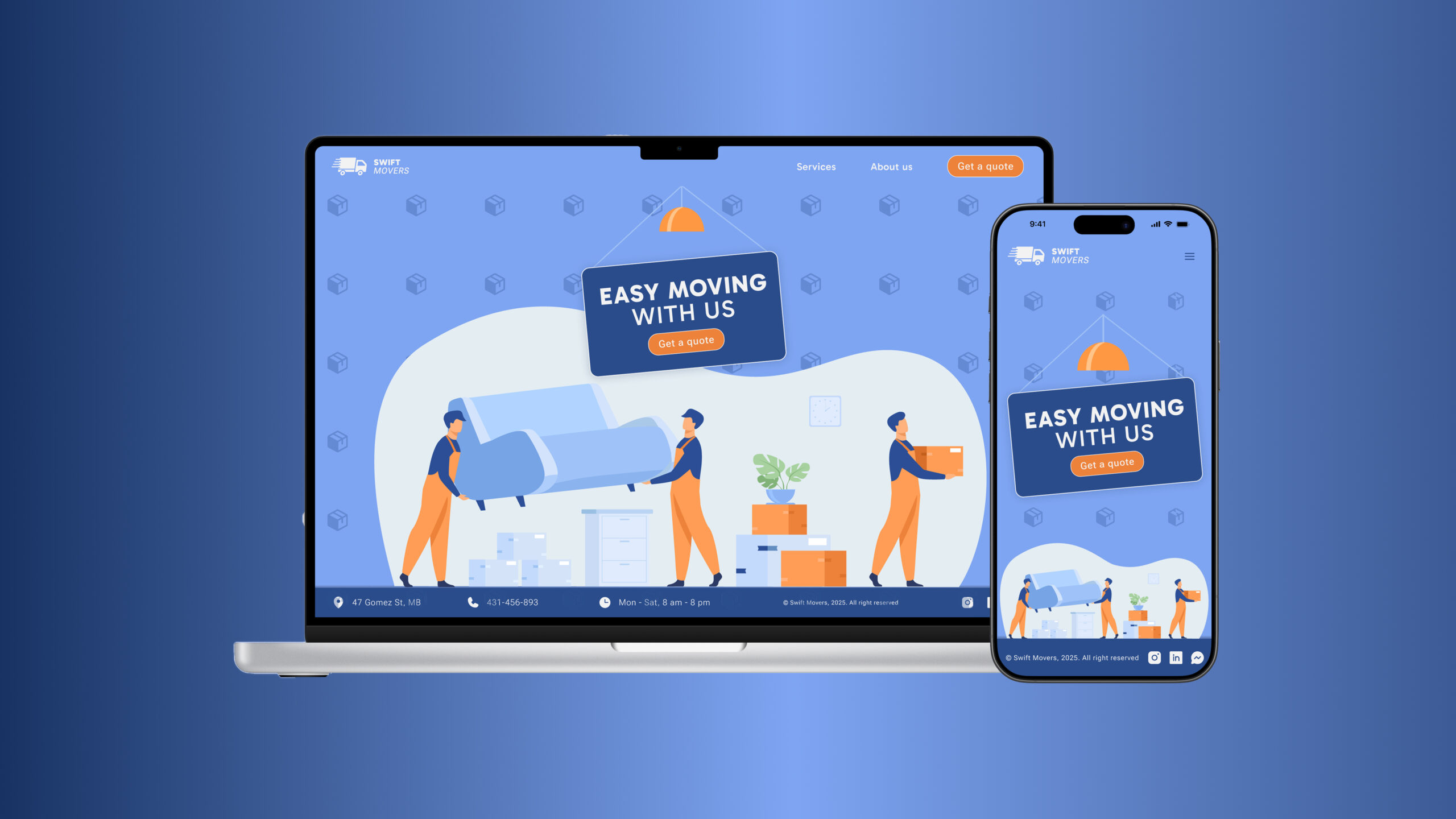 A mockup design of a Swift Movers website on a laptop and mobile phone screens with a dark blue background.