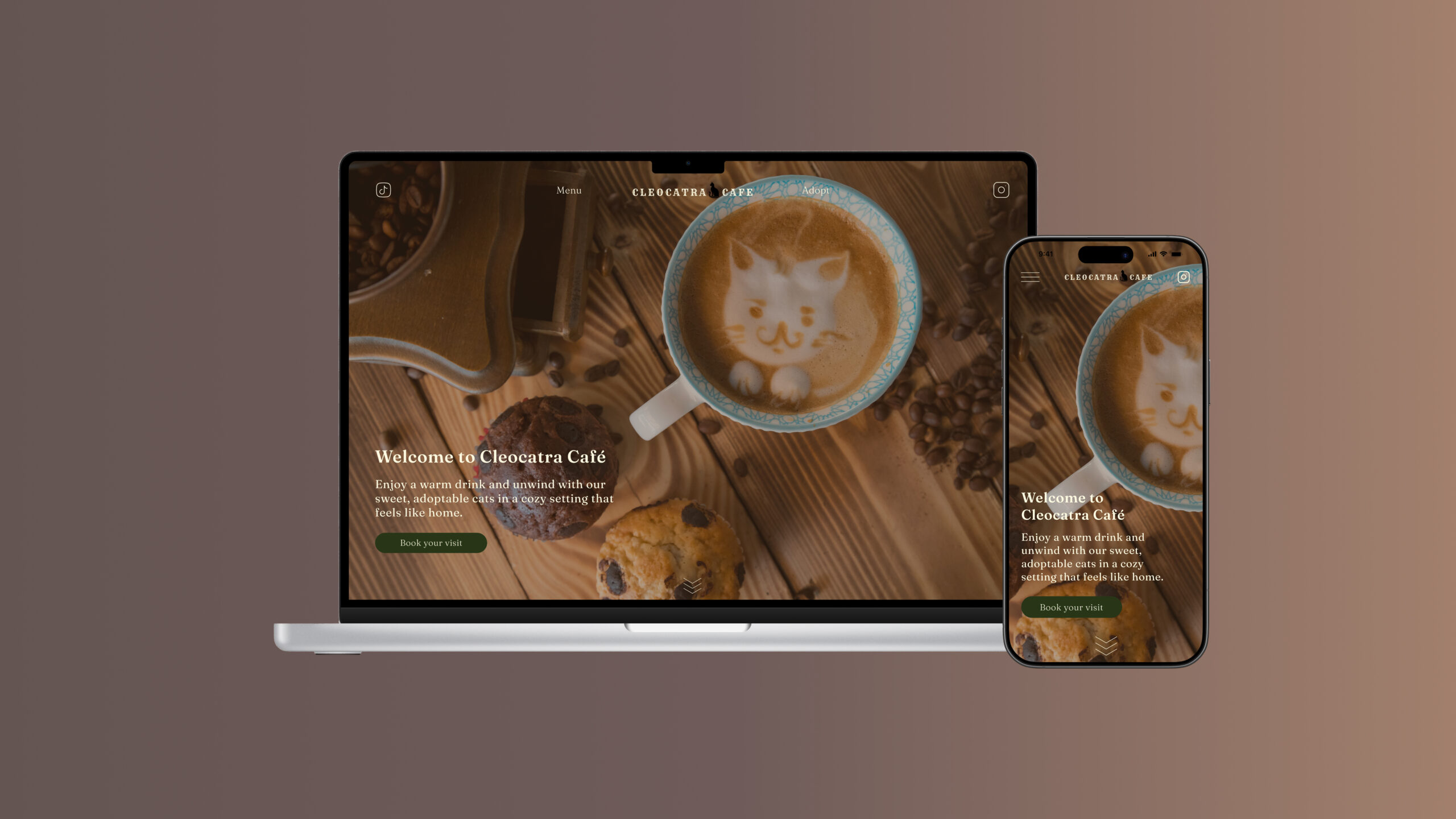 A mockup design of a Cleocatra Cafe website on a laptop and mobile phone screens with a brown background.