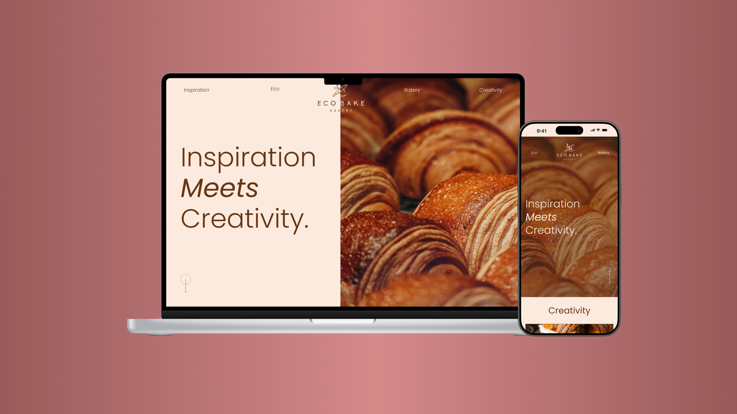 A mockup design of a EcoBake Bakery website design on a laptop and mobile screens.