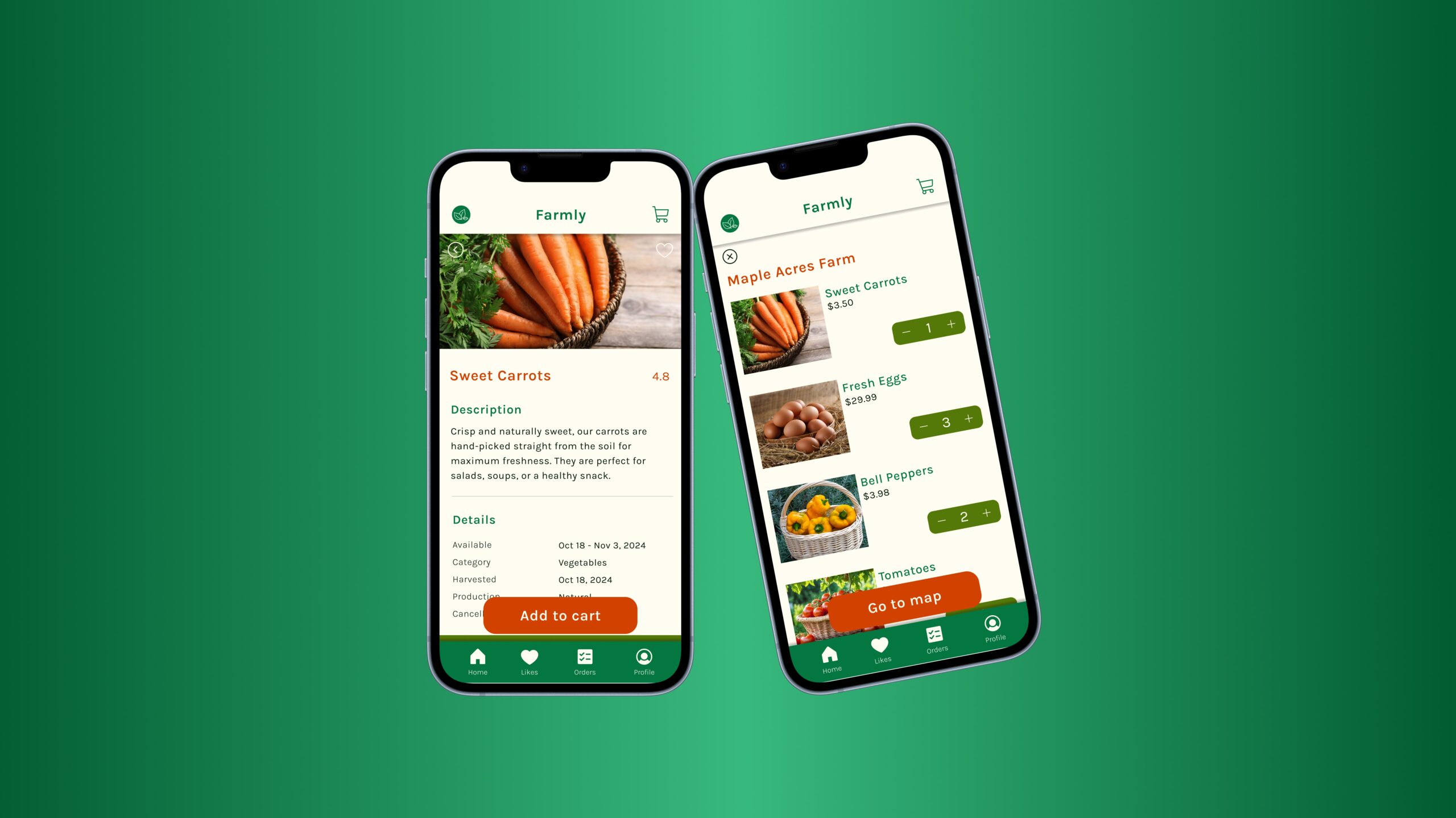 A mockup design of a Farmly app design on mobile screens.