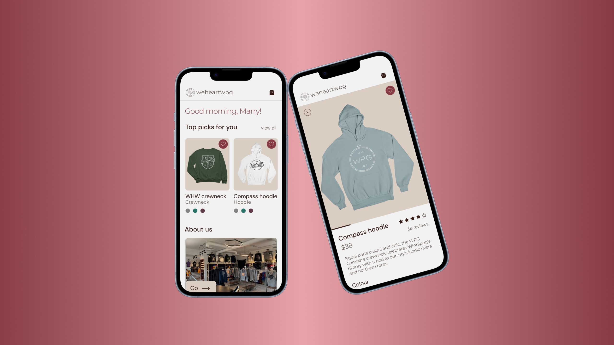 A mockup design of a We Heart Winnipeg app design on mobile screens.