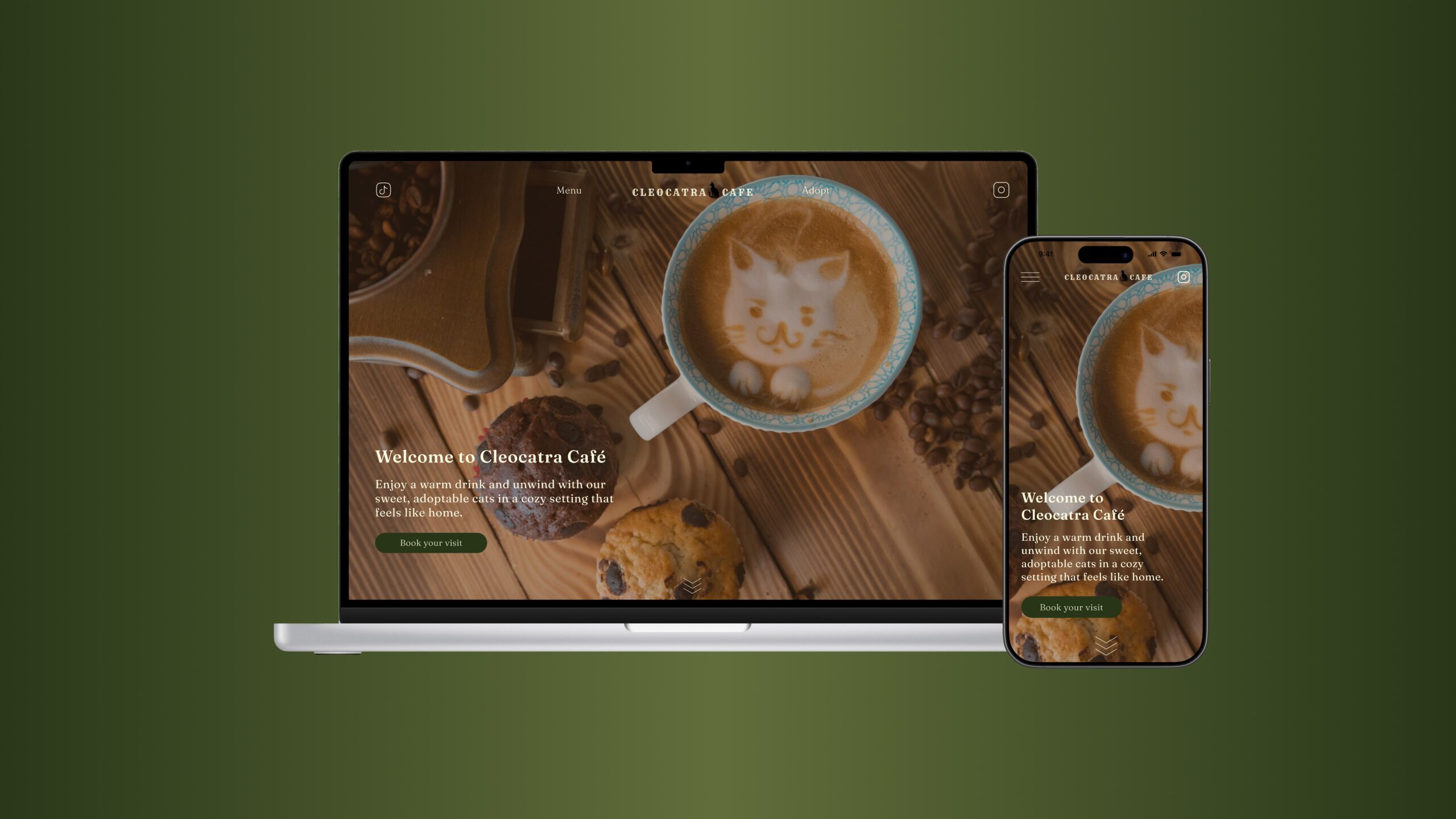 A mockup design of a Cleocatra Cafe website on a laptop and mobile phone screens with a dark green background.
